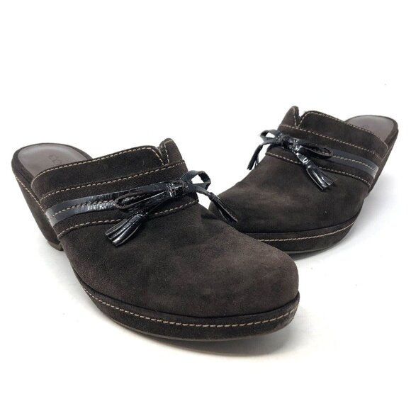 ECCO Shoes Women 40 Brown Nubuck Suede Tassel Bow Mule Clog Heel Slip On Comfort - Picture 1 of 10